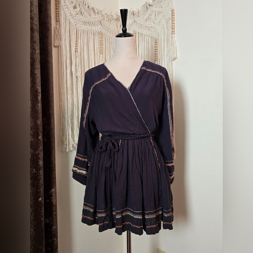 Free People Navy Blue Tunic Dress with Embroidered Details